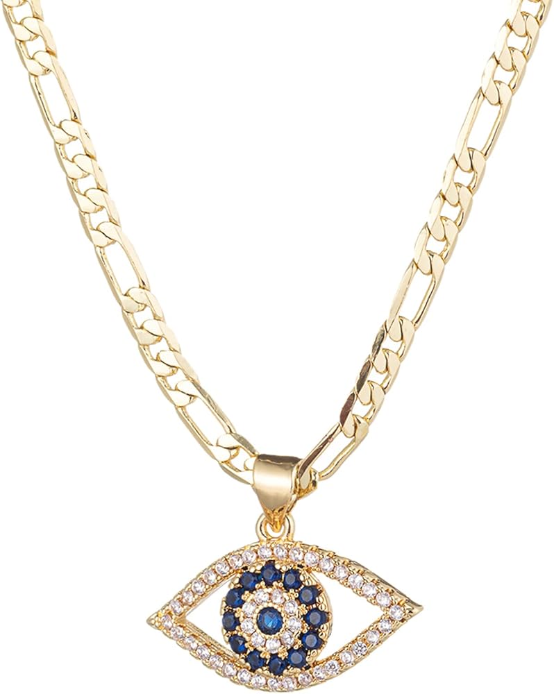 kelistom Evil Eye Necklace for Women | 14K White Gold Plated Cubic Zirconia Inlay Evil Eye Pendant Necklace | 3mm Figaro Chain Necklace 18/22 inches
