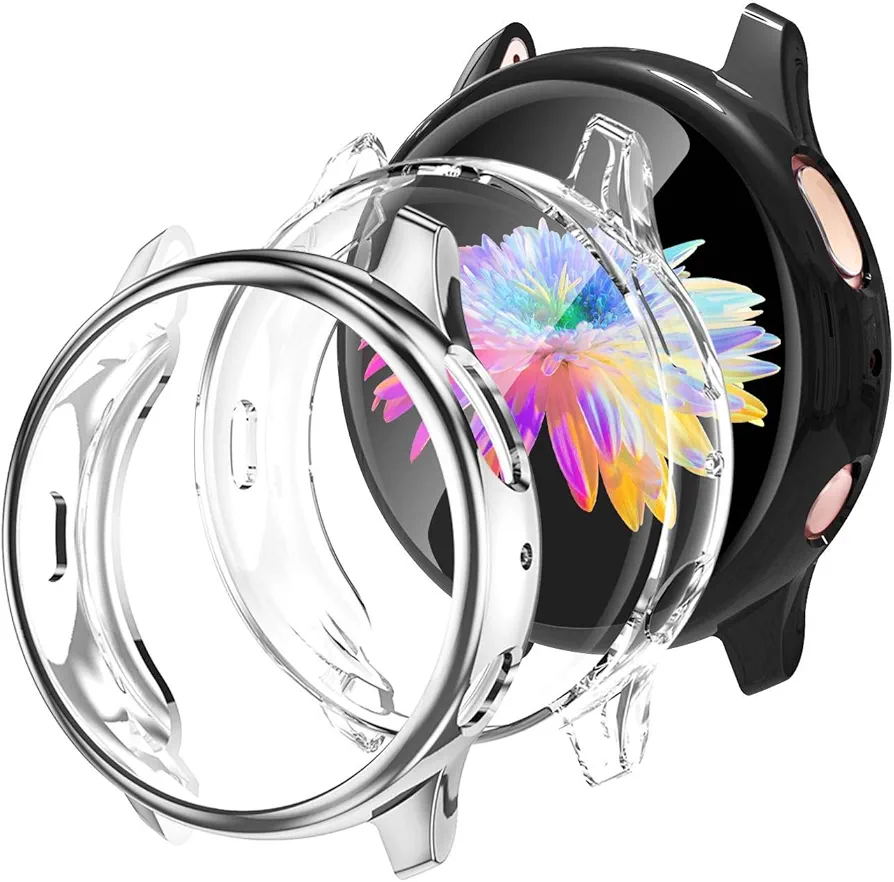 GEAK Compatible with Galaxy Watch Active 2 Case 44mm,3 Pack Soft Full Cover Screen Protector Case for Samsung Galaxy Active 2 Smartwatch Bands 44mm Black/Clear/Silver