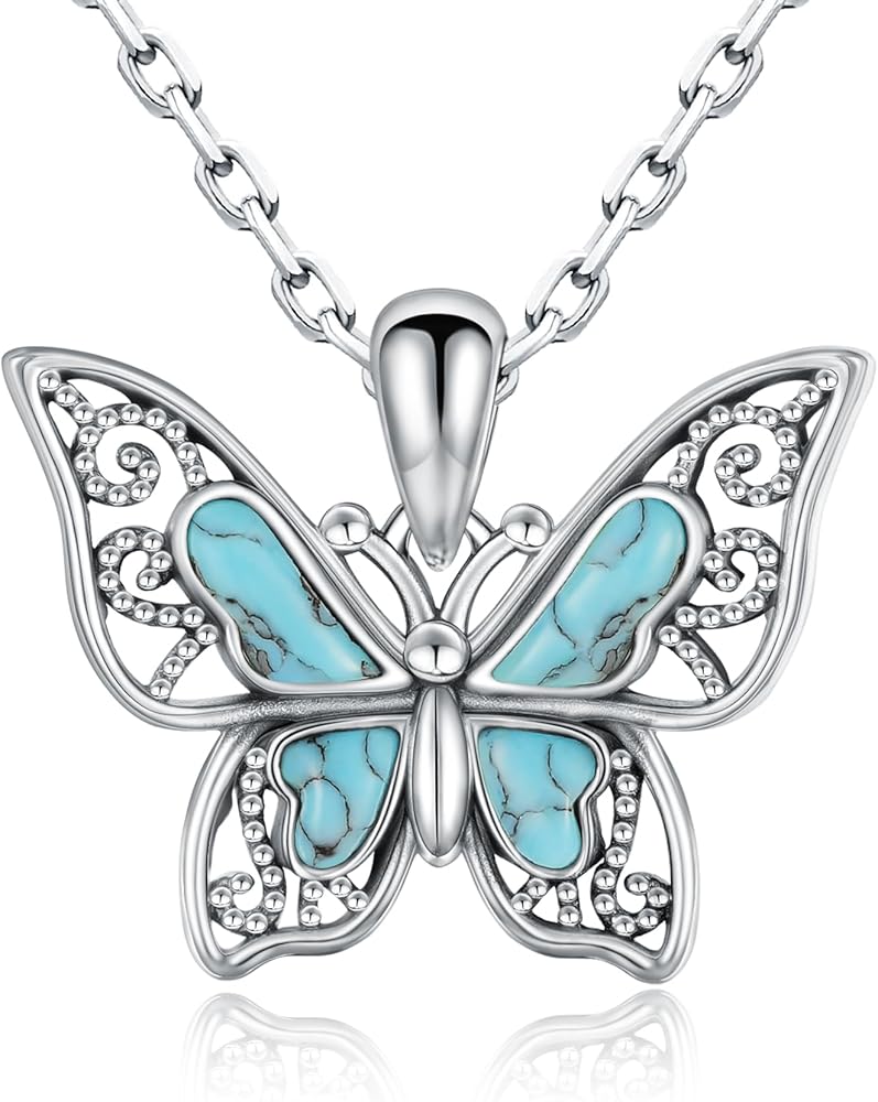 925-Sterling-Silver Turquoise Butterfly Necklaces for Women - Vintage Oxidized Butterfly for Friends Pendants, Exquisite Necklace to Gift Her for Christmas, Thanksgiving, and Birthdays for Her