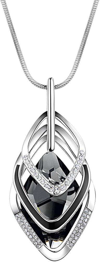 Long Chain Necklace for Women Crystal Sweater Triple Stack Zirconia Pendant Rhombic Rhinestone Pendant Necklace-Silvertone Fashion Jewelry for Women
