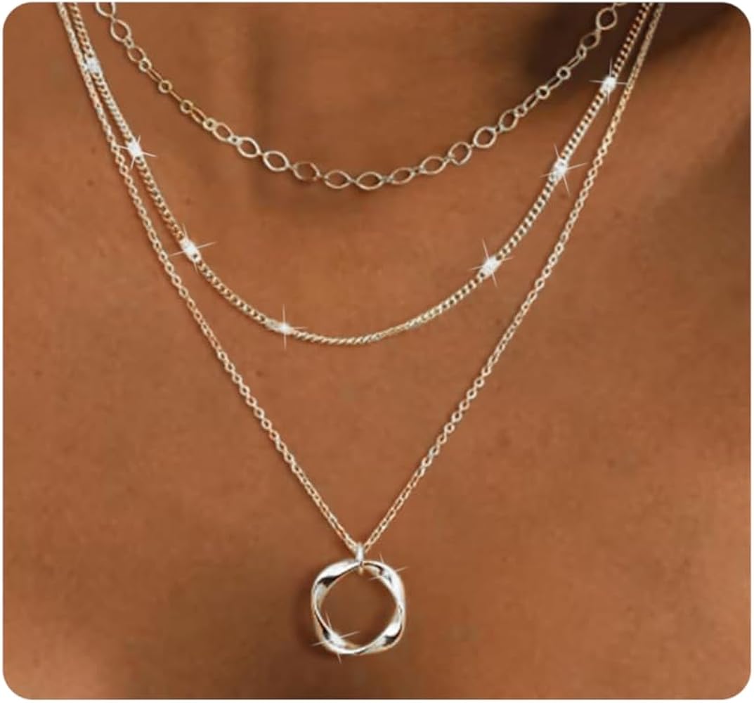 Kyerlyn Layered Necklaces for Women, 14K Gold Plated Necklace Sterling Silver Necklace Stack Circle Pendant Necklace Trendy Long Chain Stackable Silver Necklace Set Dainty Gold Stacked Jewelry Gifts